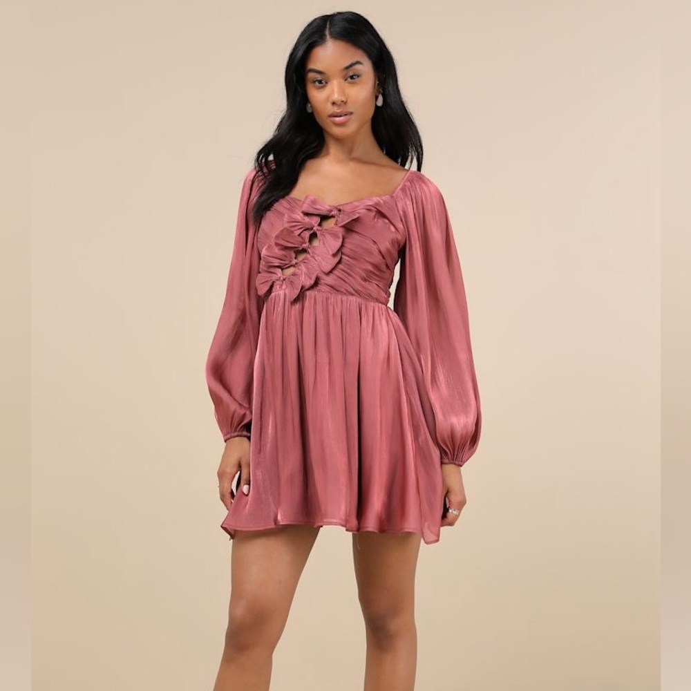 NWT Lulu's Playful Delight Rusty Rose Bow-Front Long Sleeve Mini Dress